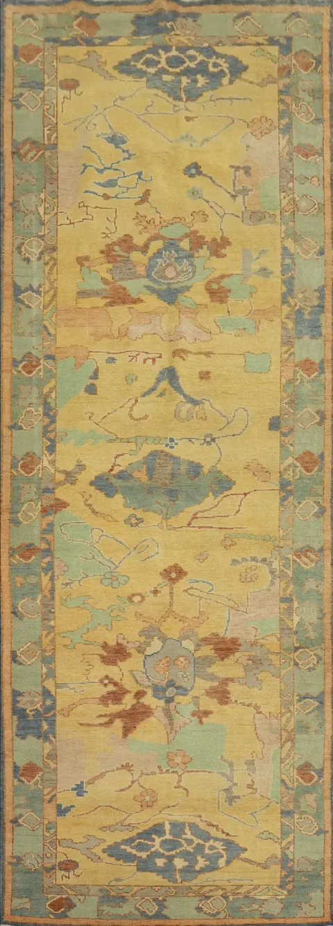 Handmade Gold Oushak Vegetable Dye Runner Rug 4x12