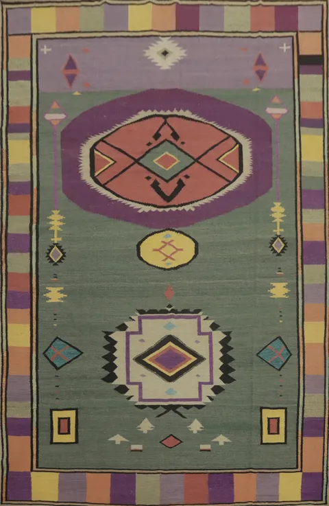 Green Wool Kilim Vegetable Dye Area Rug 9x12