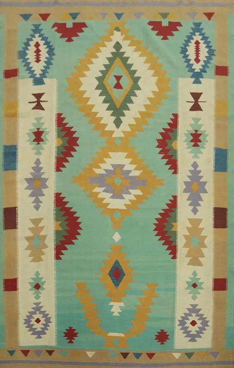 Aqua Blue Geometric Kilim Oriental Area Rug 9x12
