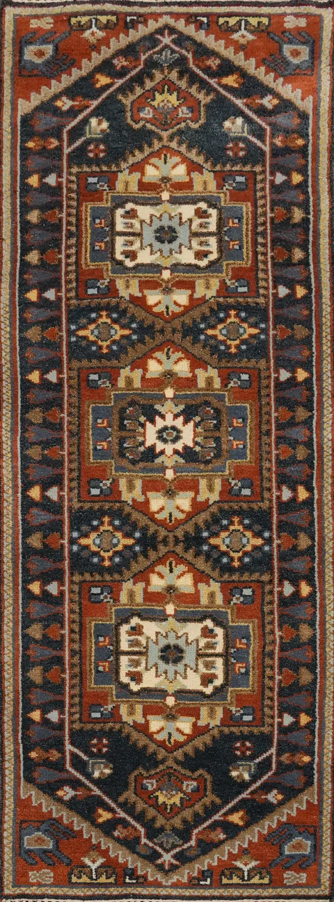 Dark Blue Kazak Indian Runner Rug 3x8