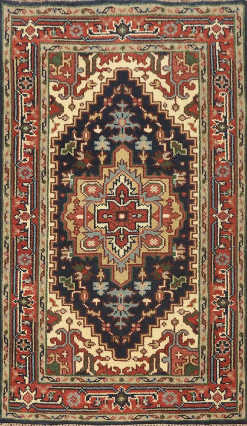 Dark Blue Geometric Heriz Serapi Indian Rug 3x5