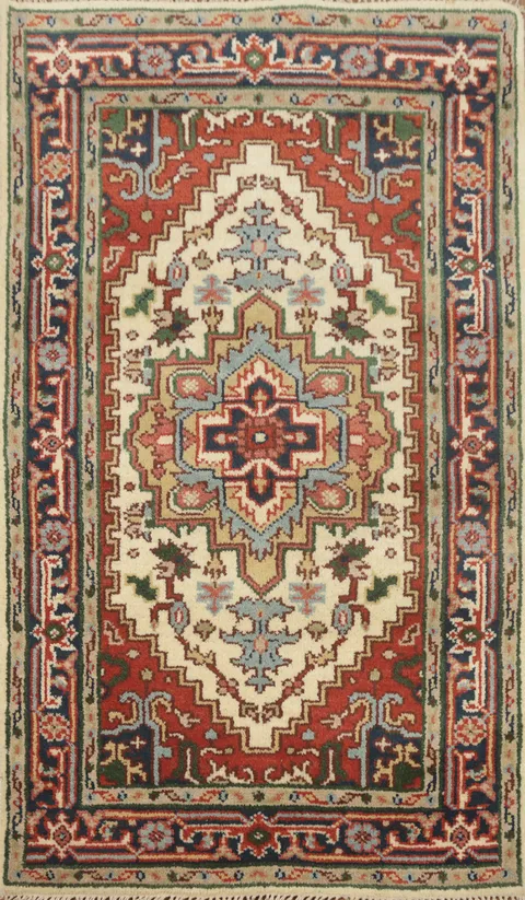 Ivory Wool Geometric Heriz Serapi Indian Rug 3x5