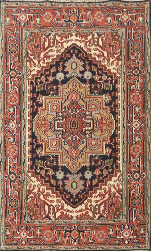 Dark Blue Geometric Heriz Serapi Indian Rug 4x6