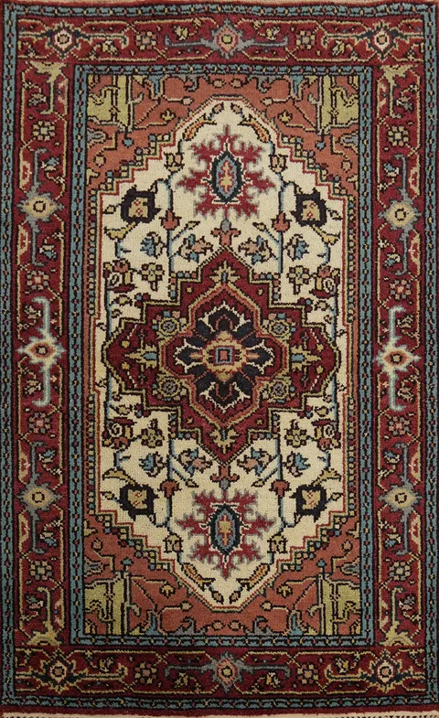 Ivory Wool Heriz Serapi Indian Rug 4x6