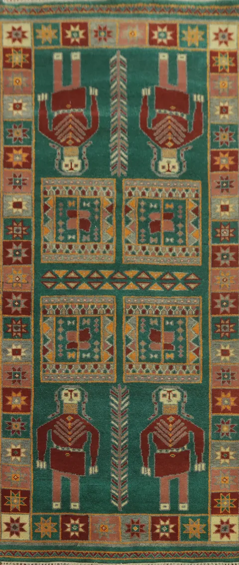 Green Wool Pictorial Kazak Indian Runner Rug 4x10