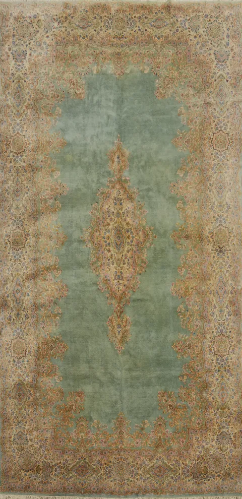 Vegetable Dye Green Kerman Persian Large Rug 11x21