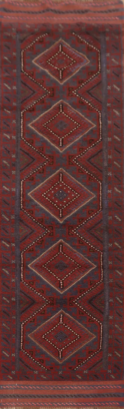 Geometric Red Balouch Handmade Runner Rug 2x8