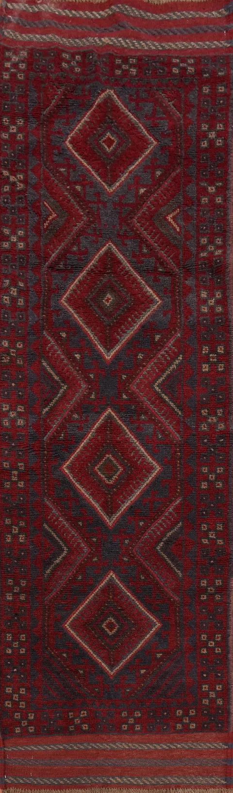 Geometric Red Balouch Wool Runner Rug 2x8