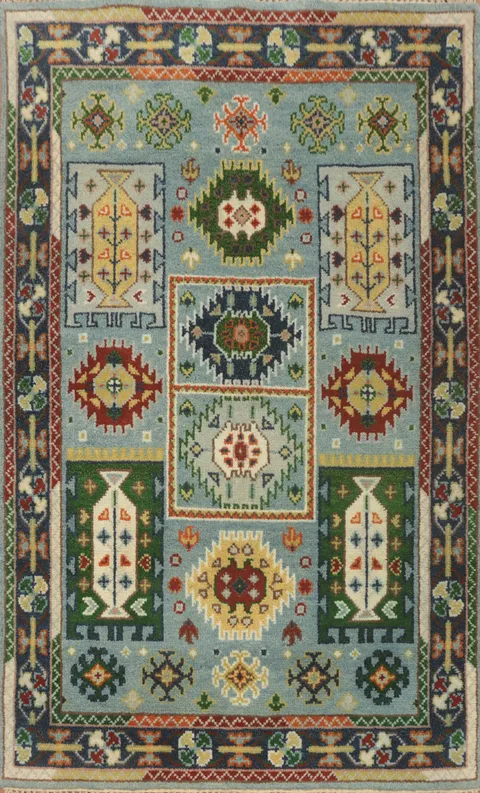 Light Blue Geometric Kazak Handmade Wool Rug 4x6