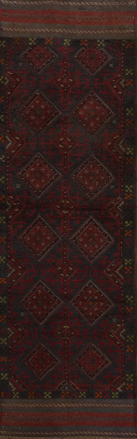 Red & Blue Wool Balouch Afghan Runner Rug 2x8