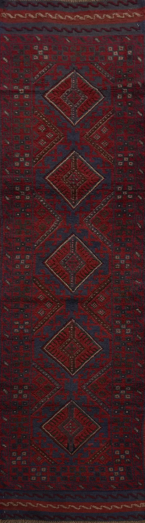 Red & Blue Wool Balouch Handmade Runner Rug 2x8