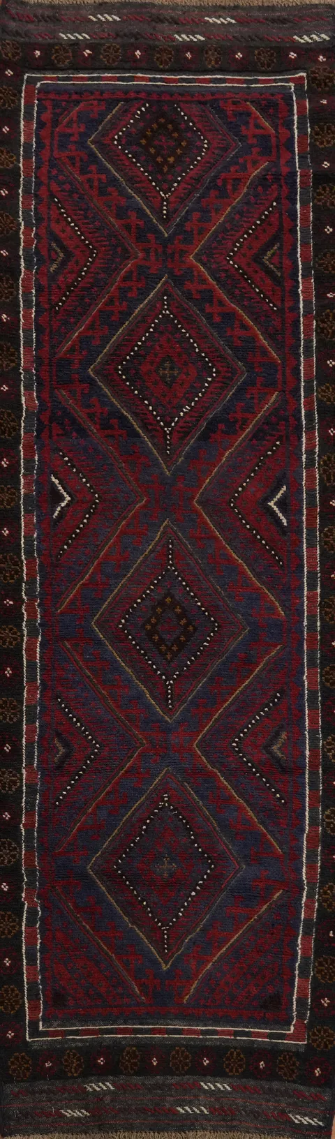 Red & Blue Wool Balouch Handmade Runner Rug 2x7