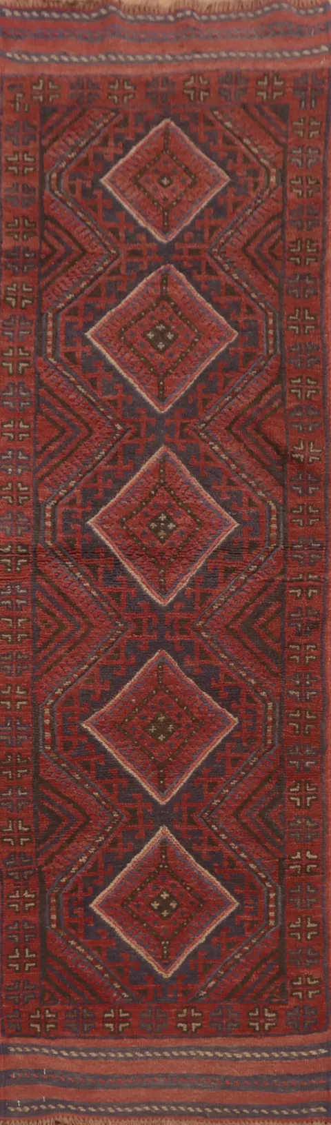Geometric Red Balouch Afghan Runner Rug 2x8