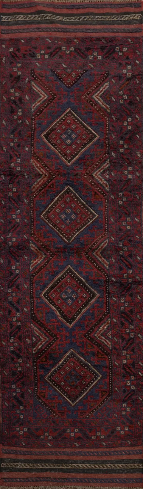 Red & Blue Wool Balouch Handmade Runner Rug 2x8
