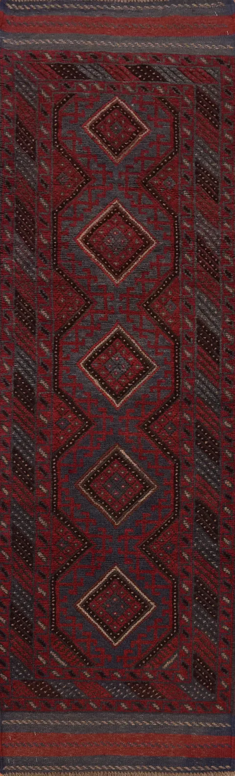 Tribal Balouch Red & Blue Wool Runner Rug 2x8