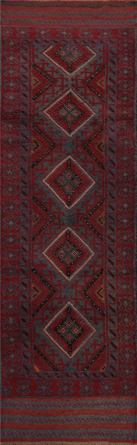Red & Blue Wool Balouch Oriental Runner Rug 2x8