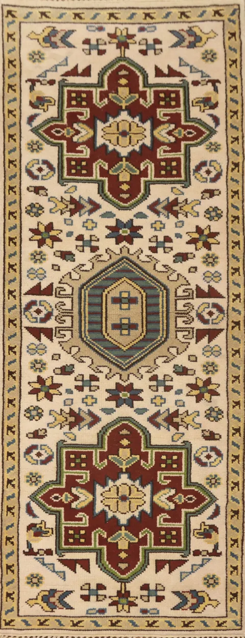 Geometric Kazak Wool Runner Rug 3x8