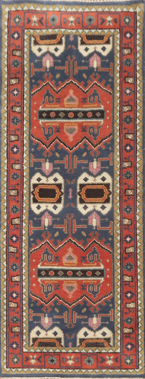 Geometric Red and Blue Color Traditional Runner Rug 3x6