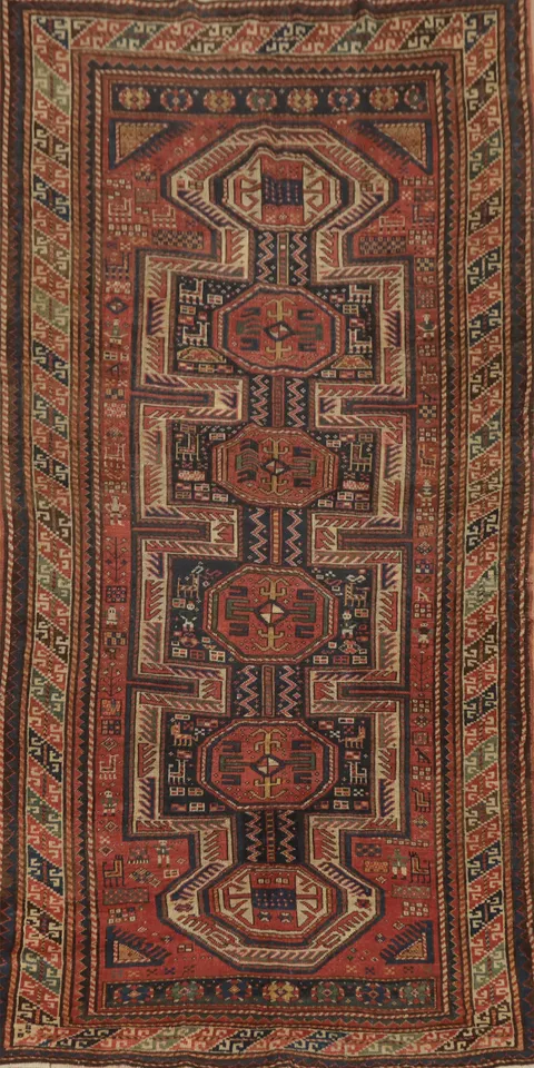 Pre-1900 Antique Kazak Vegetable Dye Runner Rug 4x9