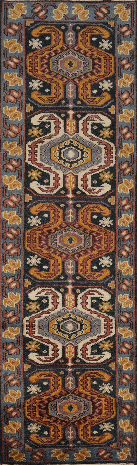 Hallway Carpet Blue Border Complex Figural Design Oriental Rug 3x10