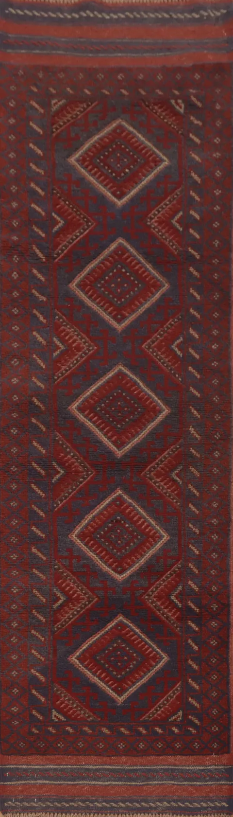 Red & Blue Tribal Balouch Afghan Runner Rug 2x8