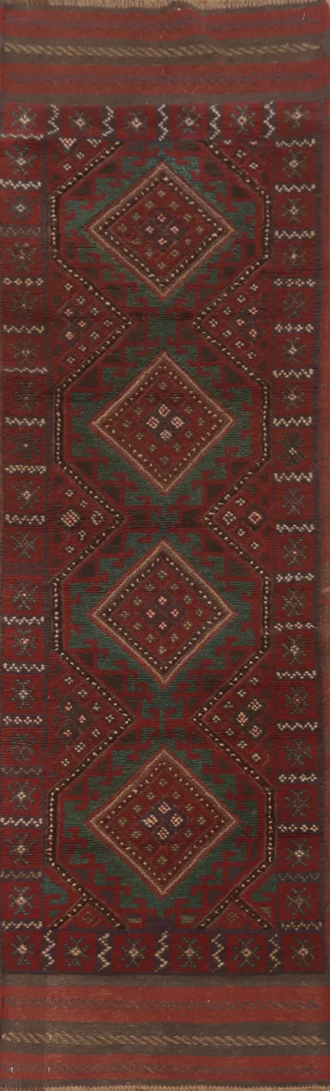 Red & Green Balouch Afghan Runner Rug 2x9