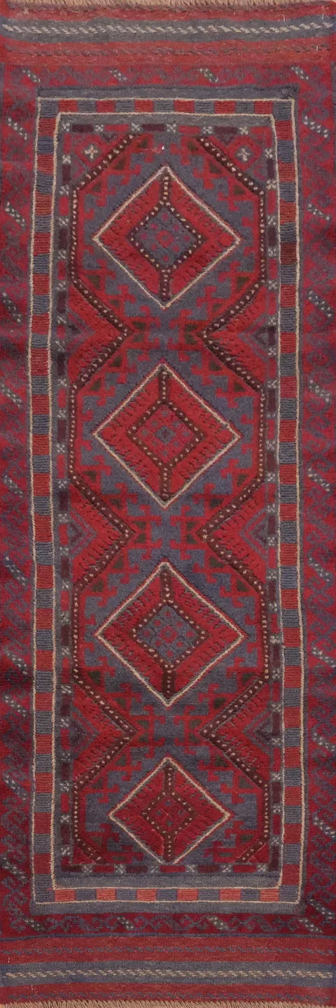 Blue & Red Geometric Balouch Afghan Runner Rug 2x8