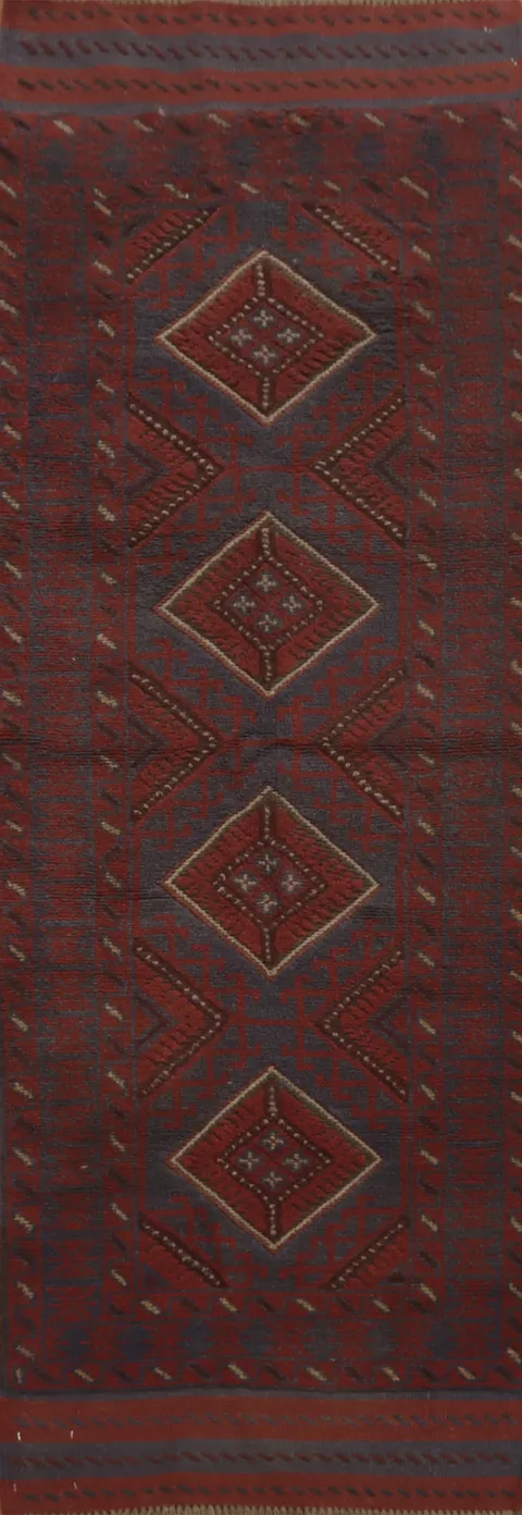 Red & Blue Balouch Afghan Runner Rug 2x8