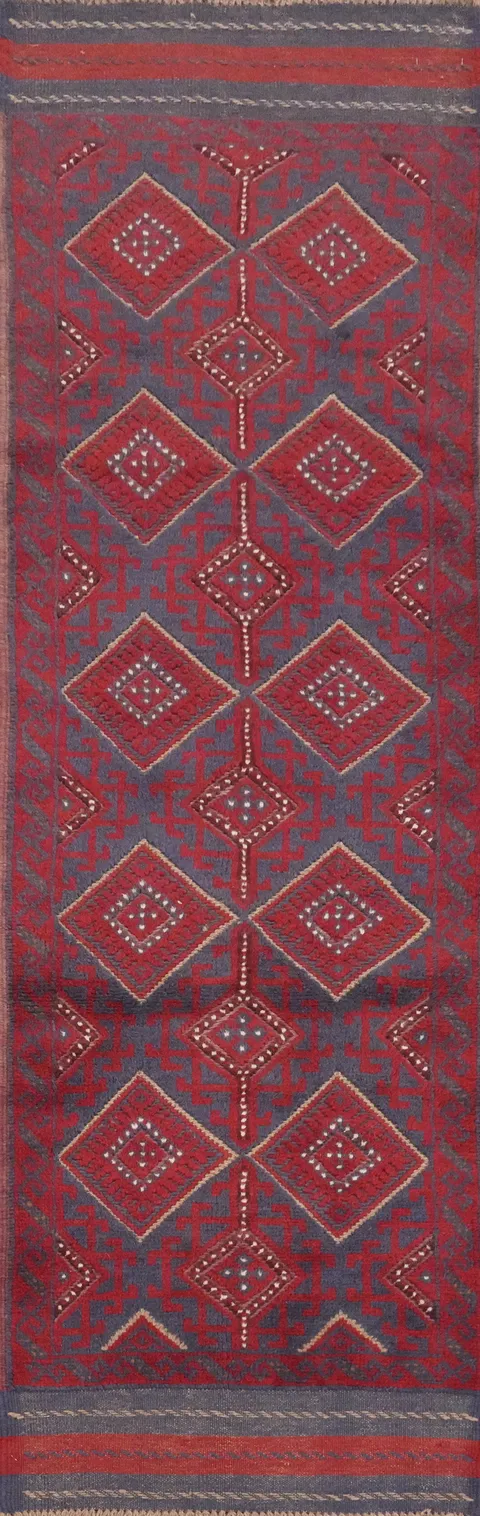 Red & Blue Geometric Balouch Runner Rug 2x8