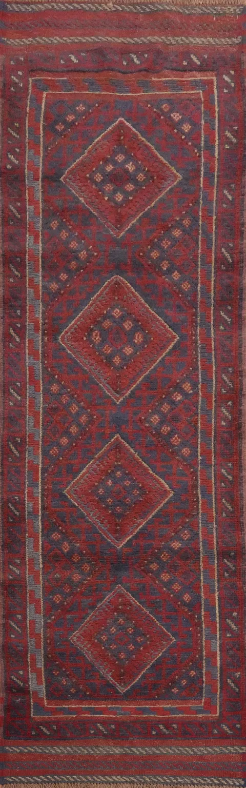 Geometric Red & Blue Balouch Afghan Runner Rug 2x8