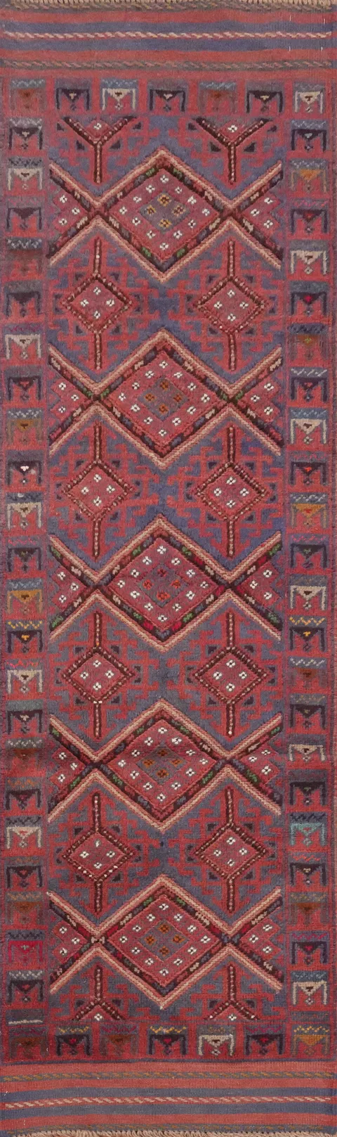 Vibrant Balouch Runner Rug 2x8 Featuring Intricate Diamond Motifs