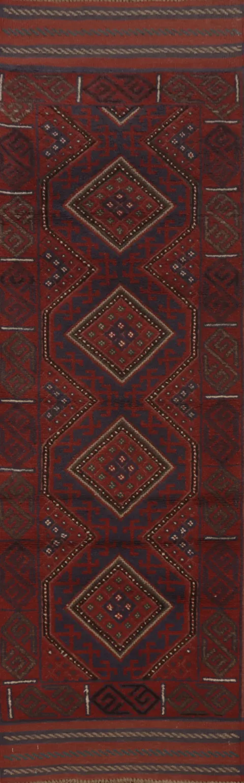 Red & Blue Handmade Balouch Afghan Runner Rug 2x8