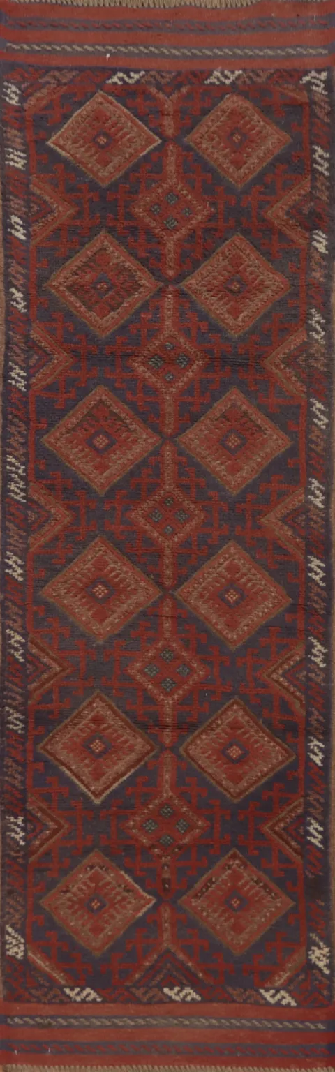 Red & Blue Geometric Balouch Afghan Runner Rug 2x8