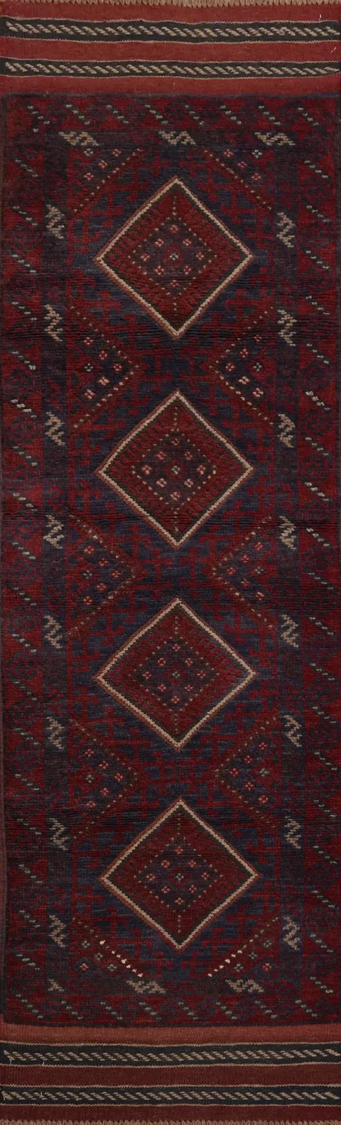 Tribal Red & Blue Balouch Afghan Runner Rug 2x7