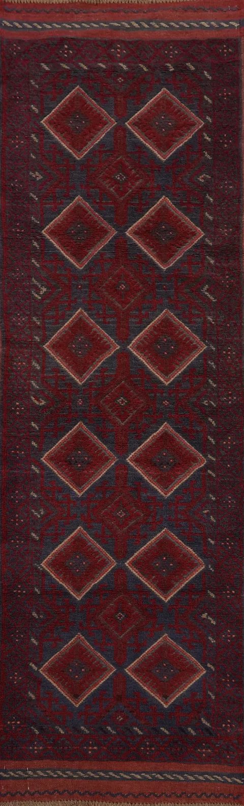 Geometric Red & Blue Balouch Afghan Runner Rug 2x8