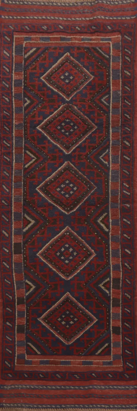 Geometric Wool Balouch Afghan Runner Rug 2x8