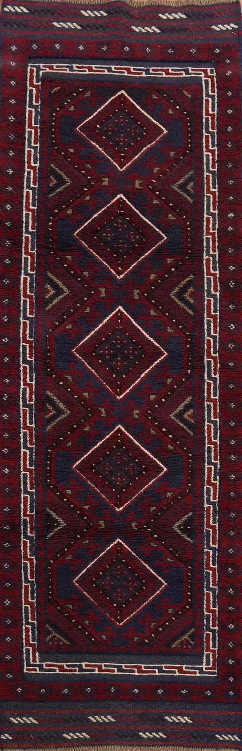 Red & Blue Geometric Balouch Afghan Runner Rug 2x8