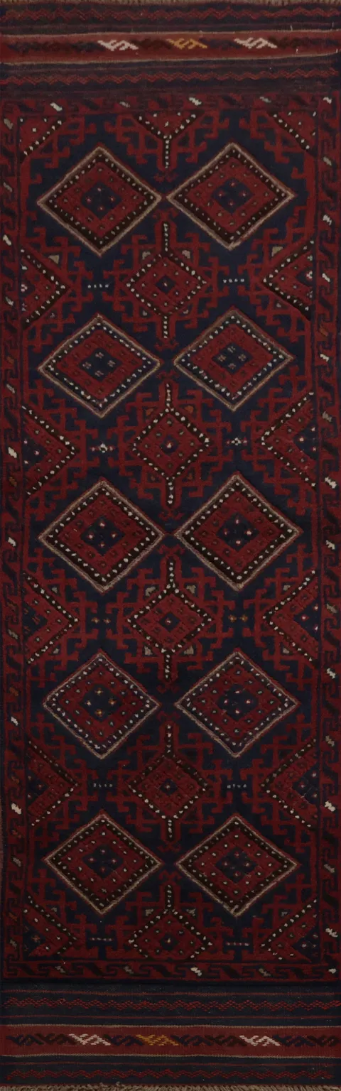 Bohemian Style Balouch Runner Rug 2x8 with Ethnic Diamond Patterns