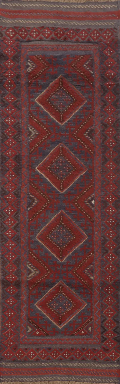 Red & Blue Tribal Balouch Afghan Runner Rug 2x8