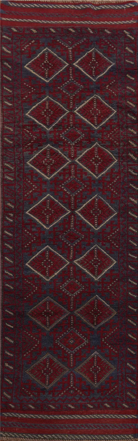 Red & Blue Geometric Balouch Afghan Runner Rug 2x8