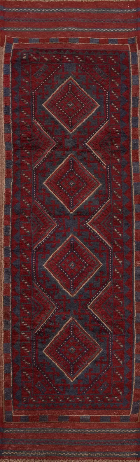 Red & Blue Balouch Afghan Runner Rug 2x8