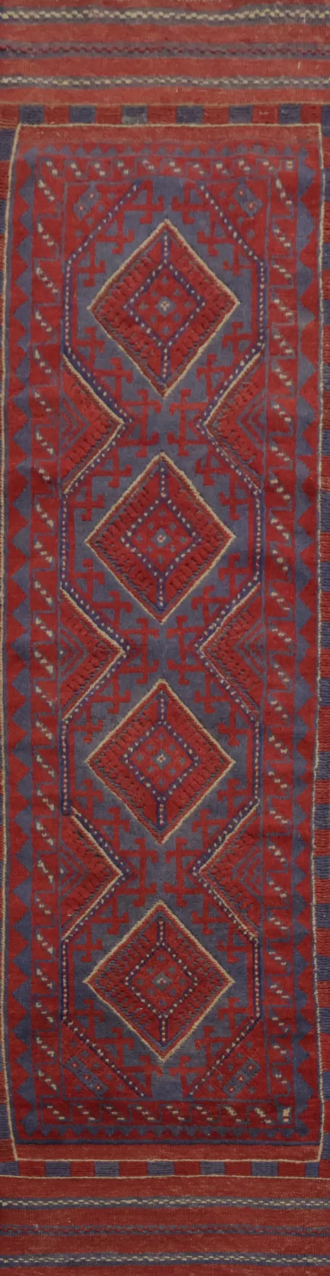 Red & Blue Balouch Afghan Runner Rug 2x8