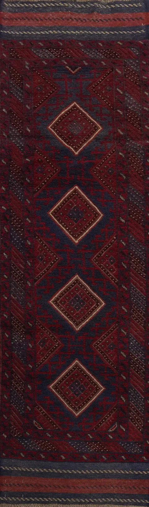 Geometric Red & Blue Balouch Afghan Runner Rug 2x8