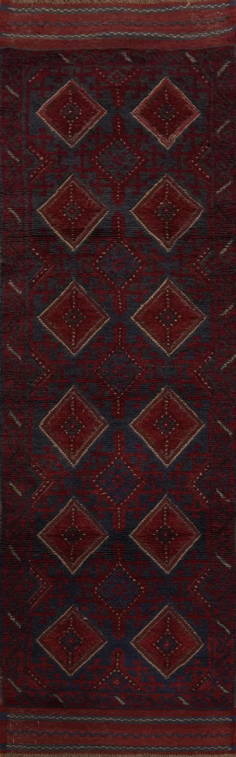 Red & Blue Handmade Balouch Afghan Runner Rug 2x8