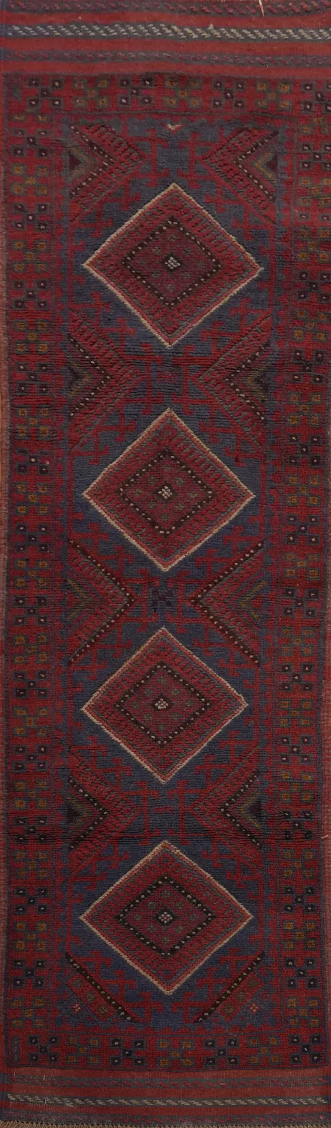 Red & Blue Tribal Balouch Afghan Runner Rug 2x8