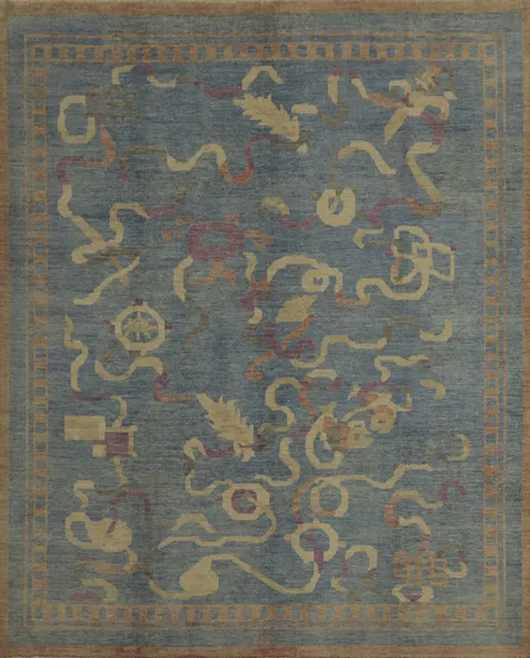 Handmade Blue Art Deco Living Room Square Rug 10x10