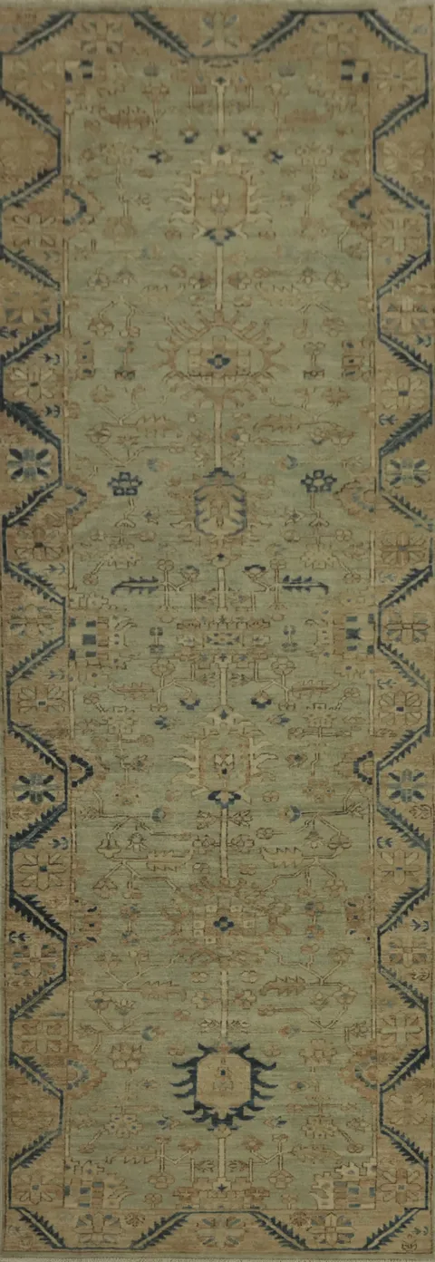 Handmade Green Oushak Vegetable Dye Runner Rug 3x12