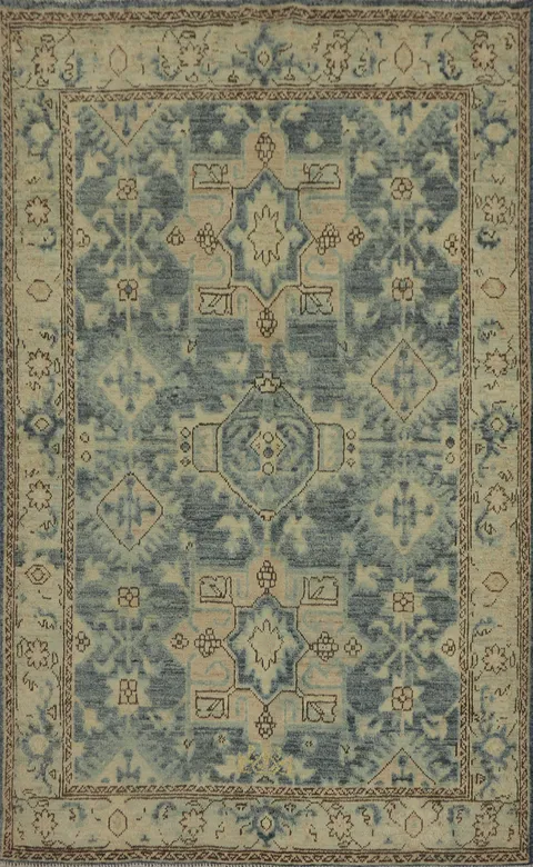 Vegetable Dye Oushak Blue Geometric Rug 4x6