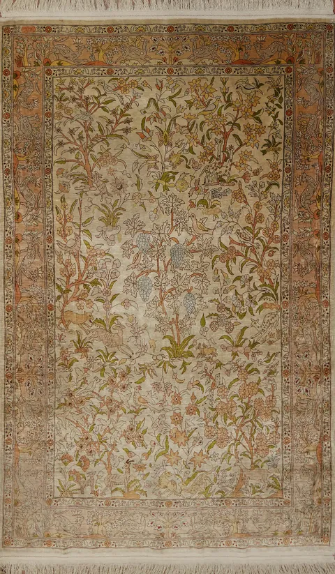 Antique Animals Design Hereke Vegetable Dye Rug 3x6