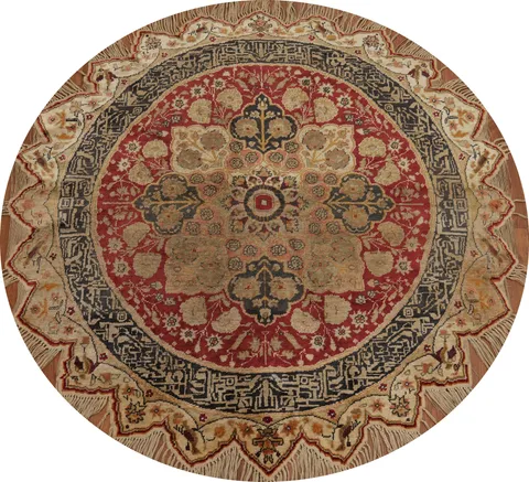Antique Silk Hereke Vegetable Dye Round Rug 4x4